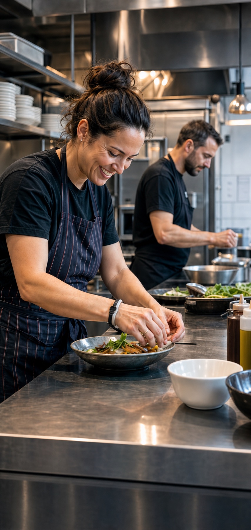 Une équipe de cuisine prépare le service pendant que Marinade surveille les équipements froids